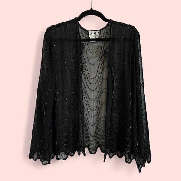 Beaded black long sleeve open front sheer evening cardigan wrap women's petite L - Picture 1 of 11